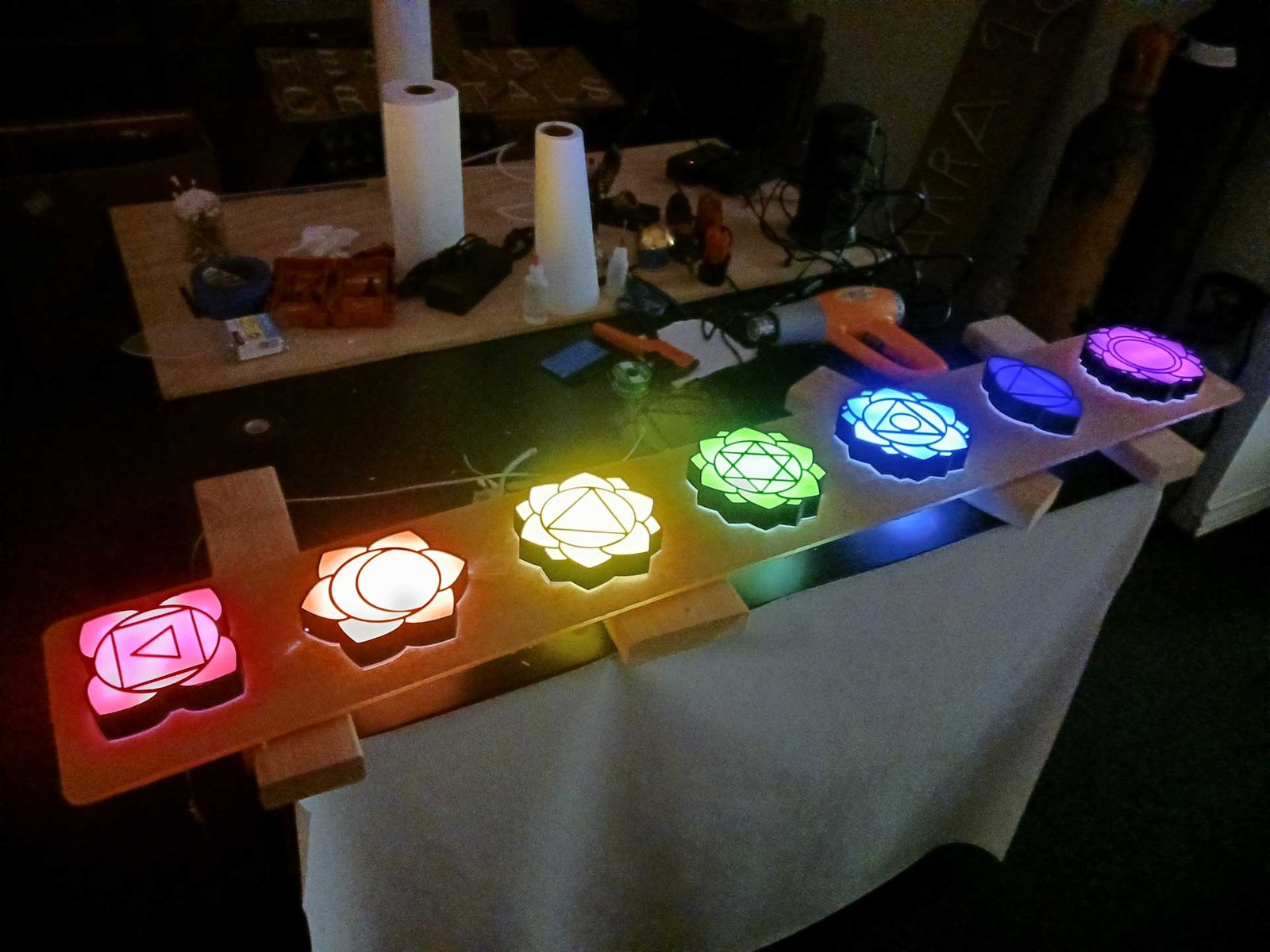 3D Printed Chakra Symbols with LED Acrylic Faces