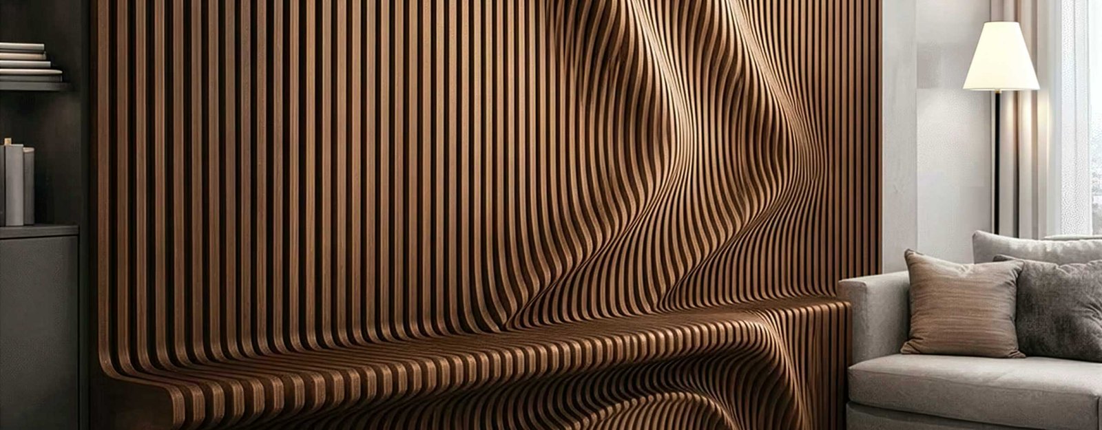 Parametric wood wall panel with 3D slatted design in modern living room interior